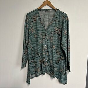 LOGO Lori Goldstein Cardigan Women’s XL Green Button Long‎ Sleeve Asymmetrical